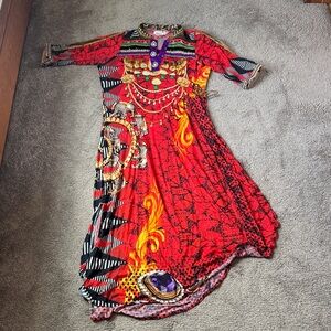Bumble Bee Boho Patchwork Midi Dress SIZE S Red Black Tribal Print 3/4 Sleeve